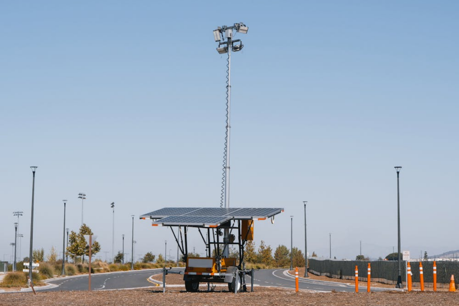 Solar-powered lighting on a portable trailer near a roadway